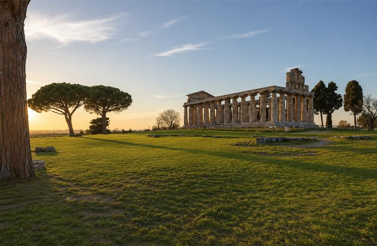 Paestum Griekse tempel bij zonsondergang