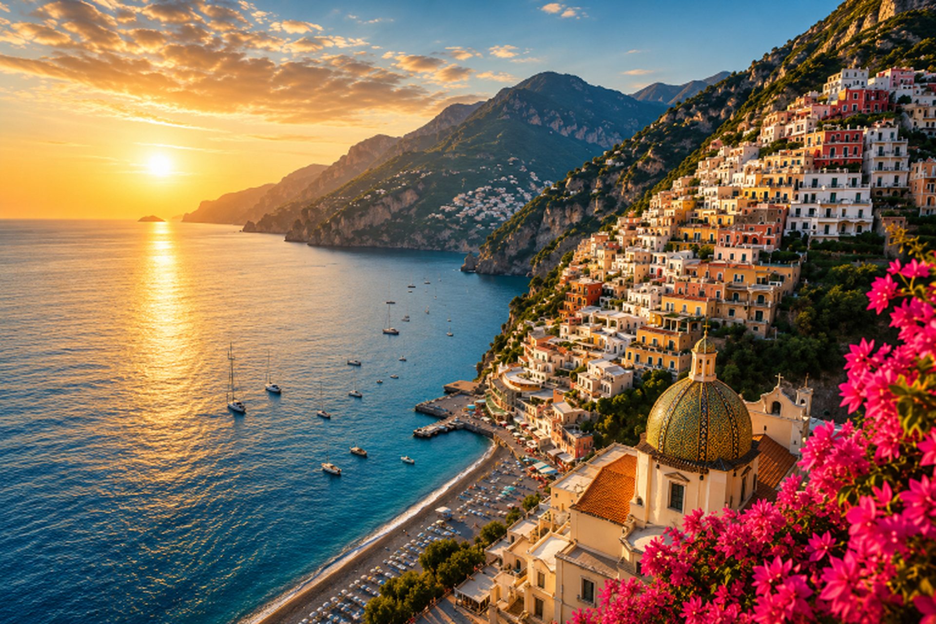 Amalfikust — zonsondergang boven Positano met kerkkoepel en bougainvillea